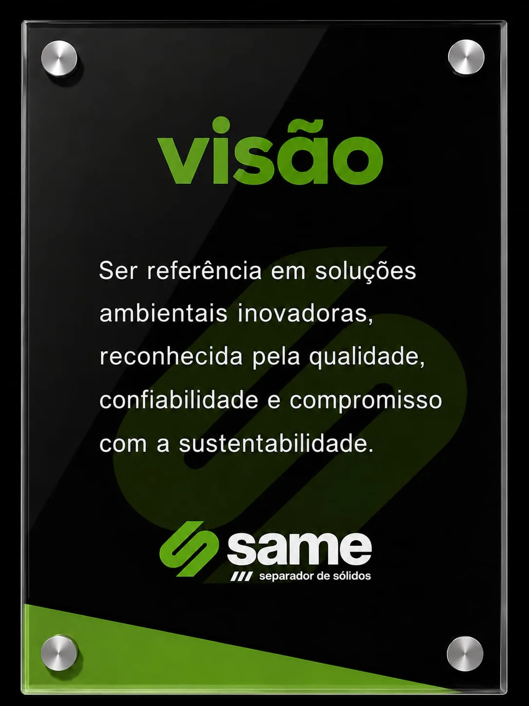 Visão da SAME Ambiental: ser referência em soluções ambientais inovadoras, reconhecida pela qualidade, confiabilidade e compromisso com a sustentabilidade.